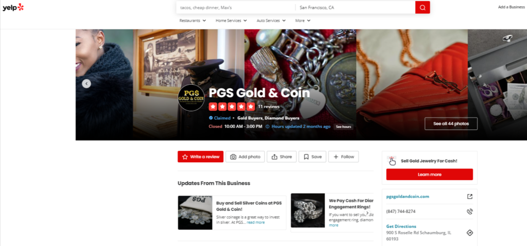Reviews & rating on Yelp 