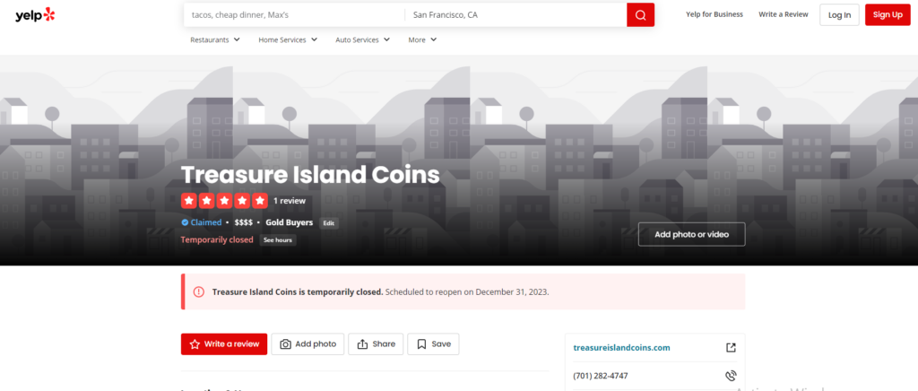 Treasure Island Coins rating on Yelp