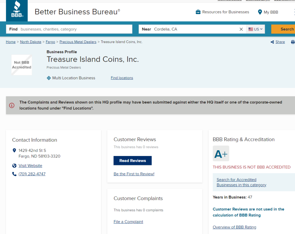 Treasure Island Coins BBB 