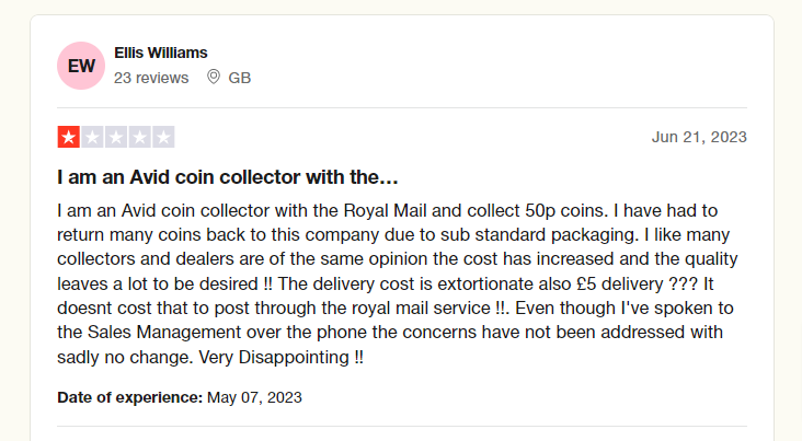 The Royal Mint complaints on Trustpilot