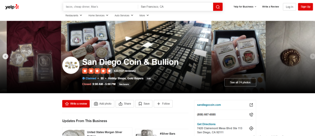 San Diego Coin and Bullion yelp page