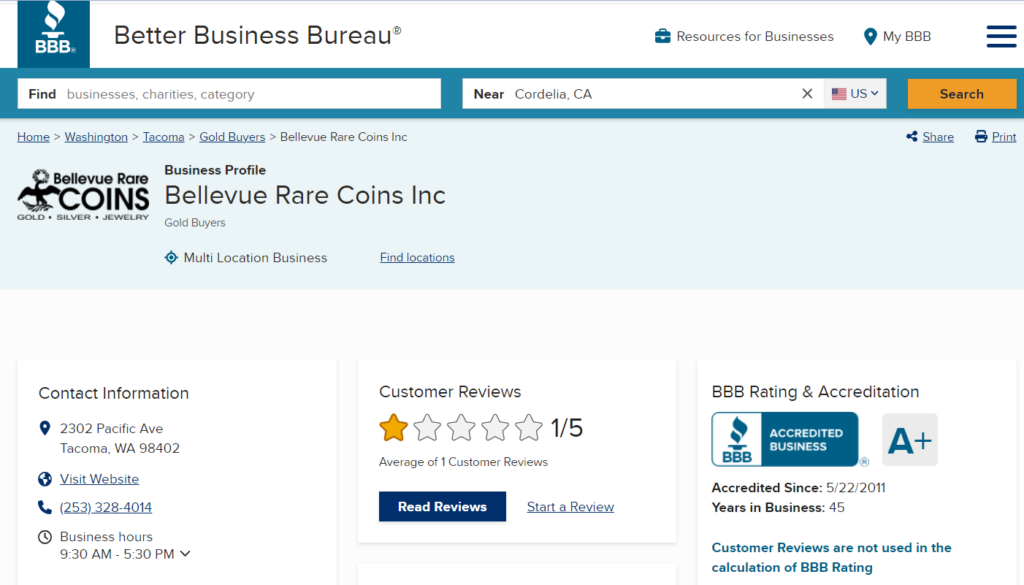 Bellevue Rare Coins BBB