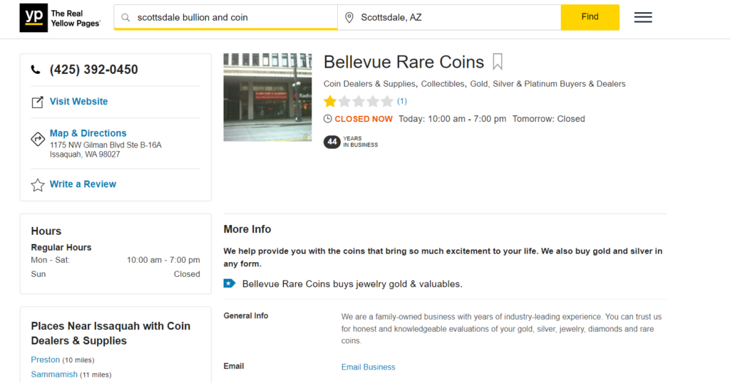 Bellevue Rare Coins reviews on Yellowpages 