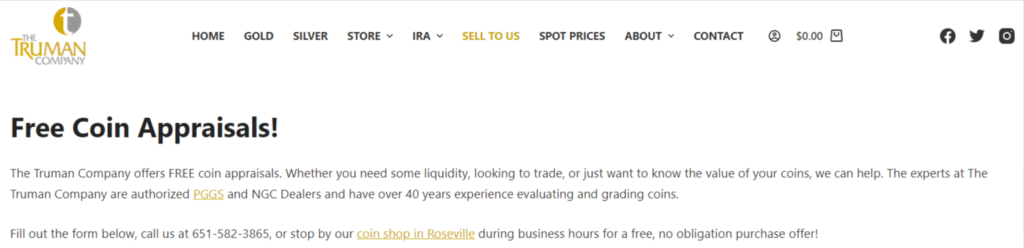The Truman Company fees Coin appraisals