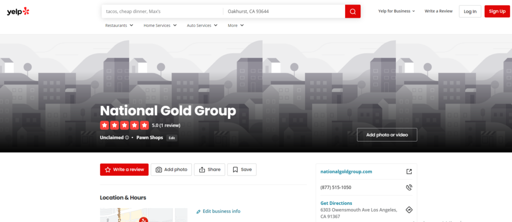 National Gold Group ratings on Yelp 