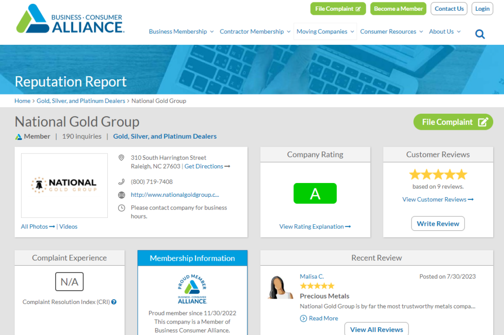National Gold Group ratings on BCA