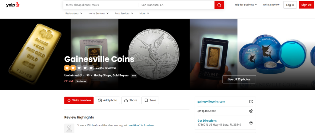 Gainesville Coins ratings on Yelp