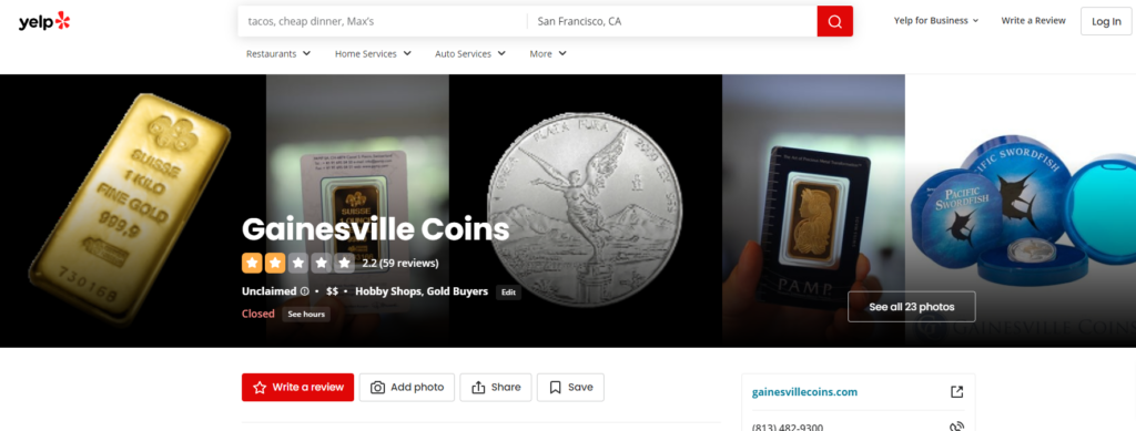 Gainesville Coins ratings ion Yelp