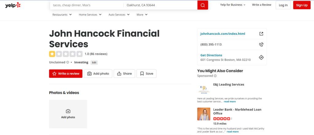 John Hancock Gold IRA rating on Yelp