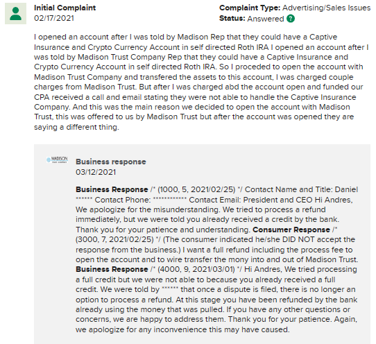Madison Trust Company Complaints