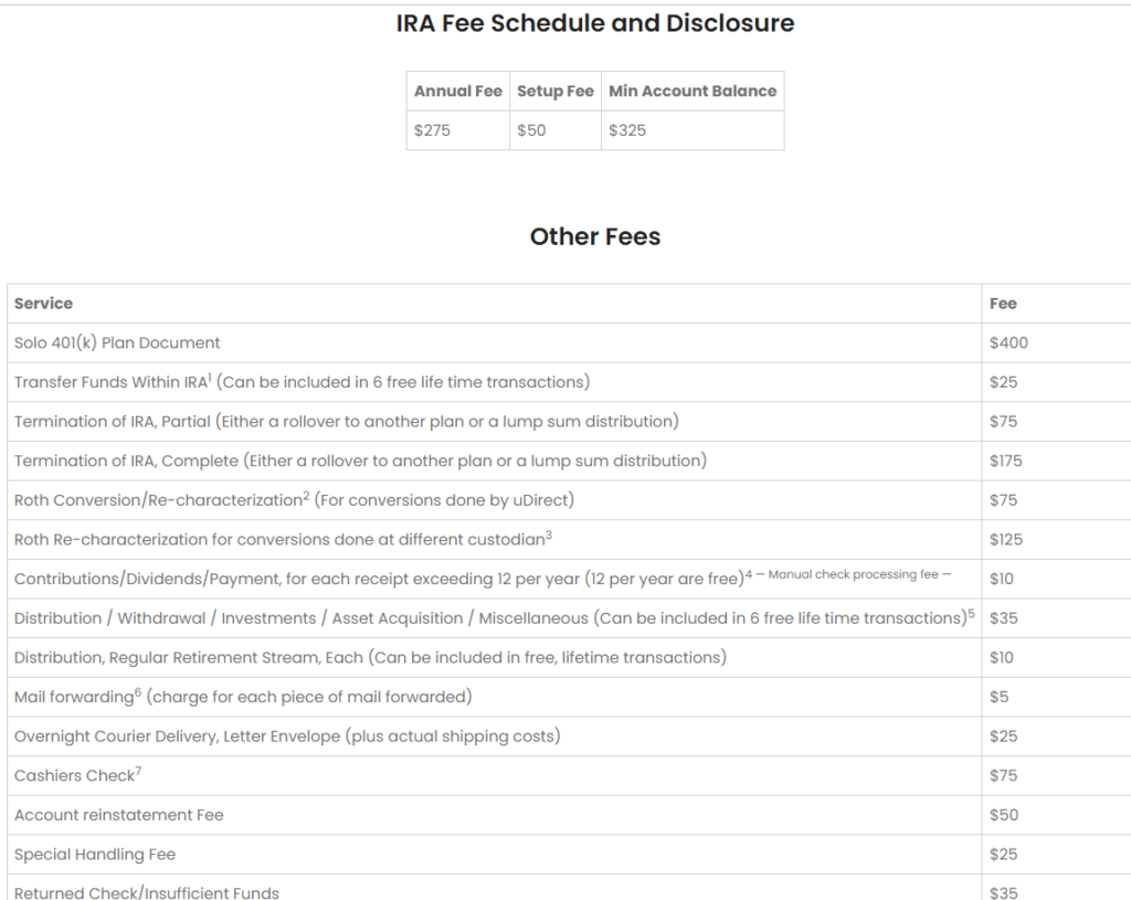 Fee Structure of udirect IRA