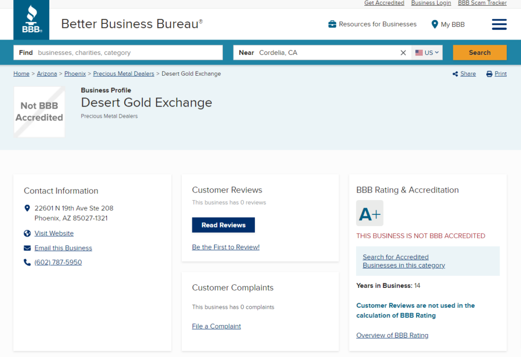 Desert Gold Exchange reviews on BBB