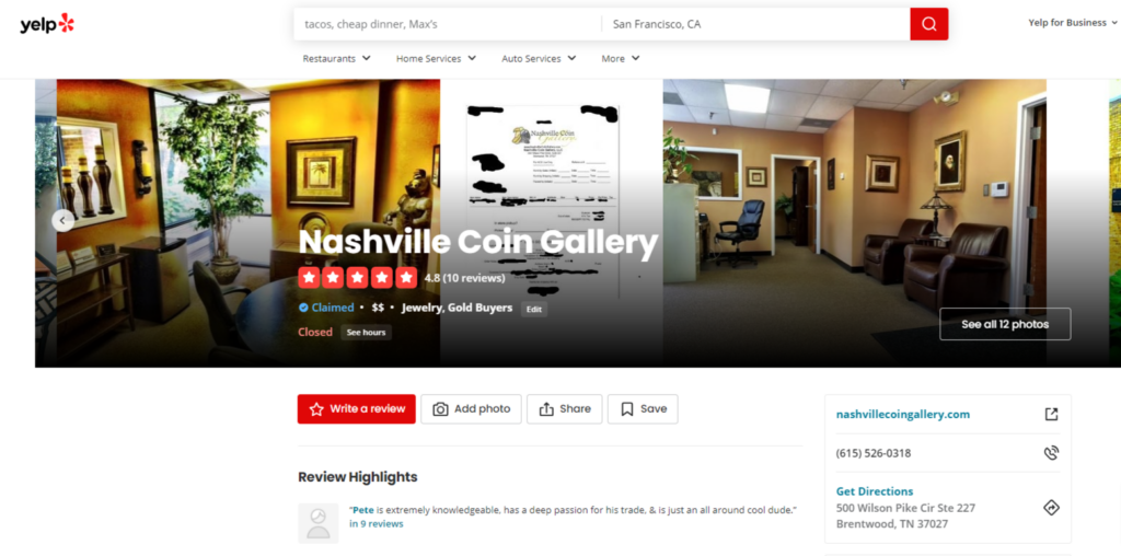 Nashville Coin Gallery reviews on Yelp rating platform 