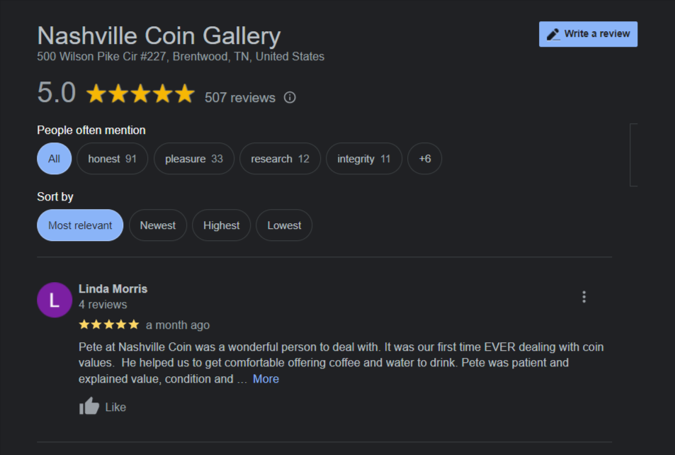 Nashville Coin Gallery customers reviews on Google 