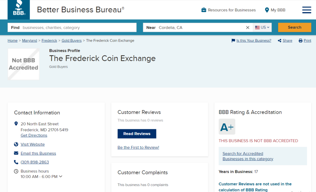 Frederick Coin Exchange Reviews and ratings on BBB