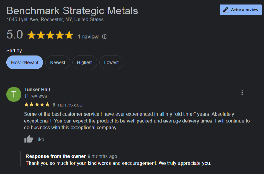Benchmark Strategic Metals customer review