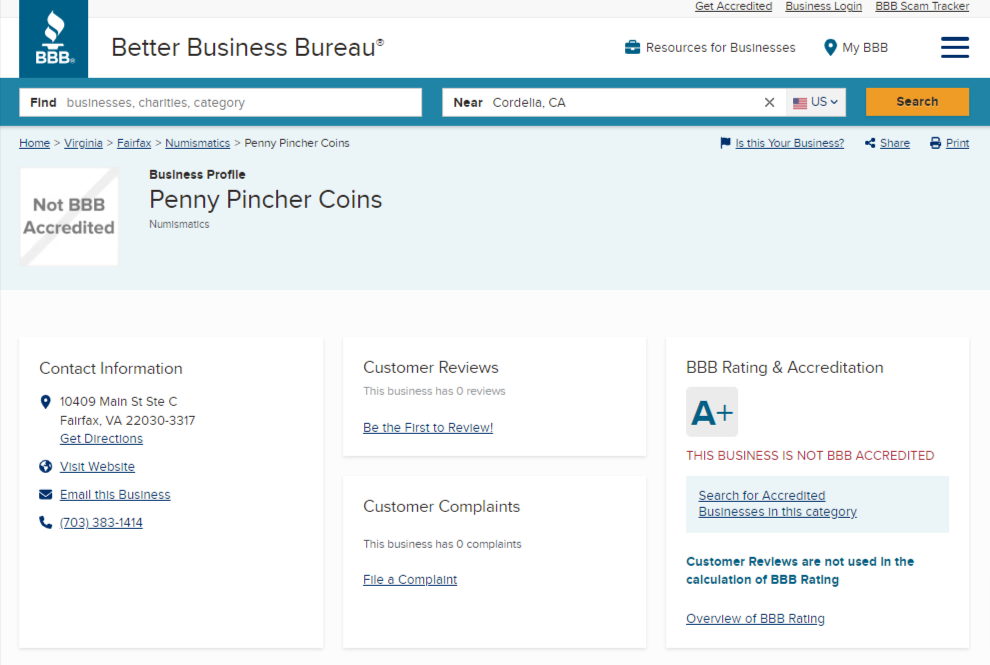 Penny Pincher Coins & Estates reviews and ratings on BBB