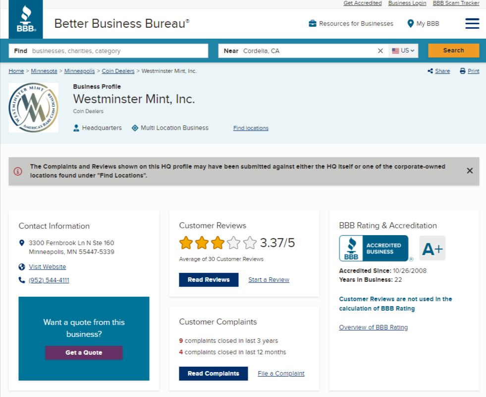 Westminster Mint  reviews and rating on BBB