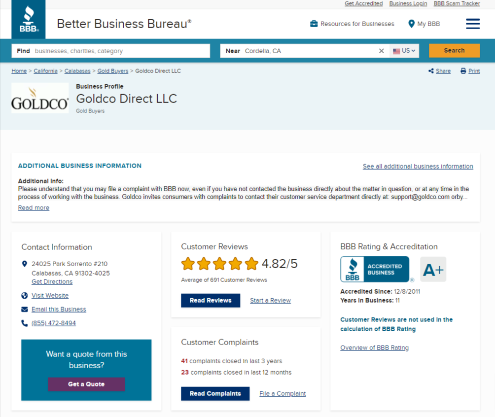 Goldco ratings and reviews on BBB