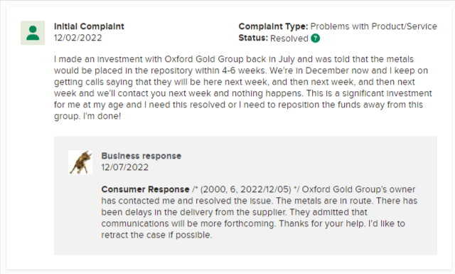 Oxford Gold IRA complaint 