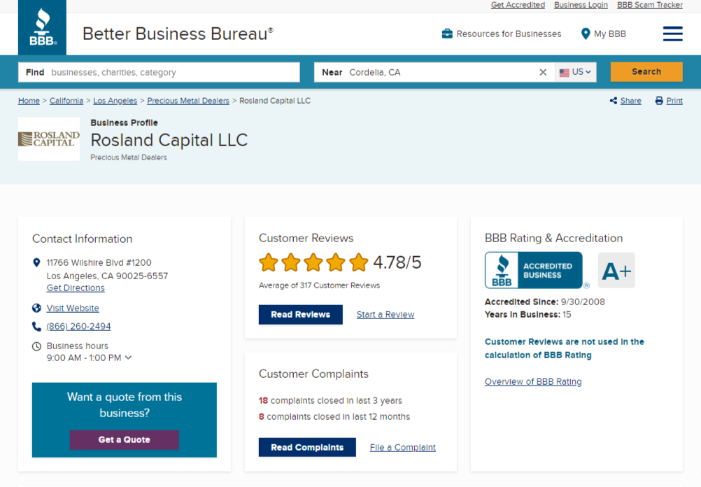 Rosland Capital ratings and reviews on BBB