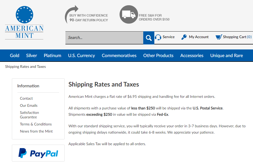 American Mint fees and charges 