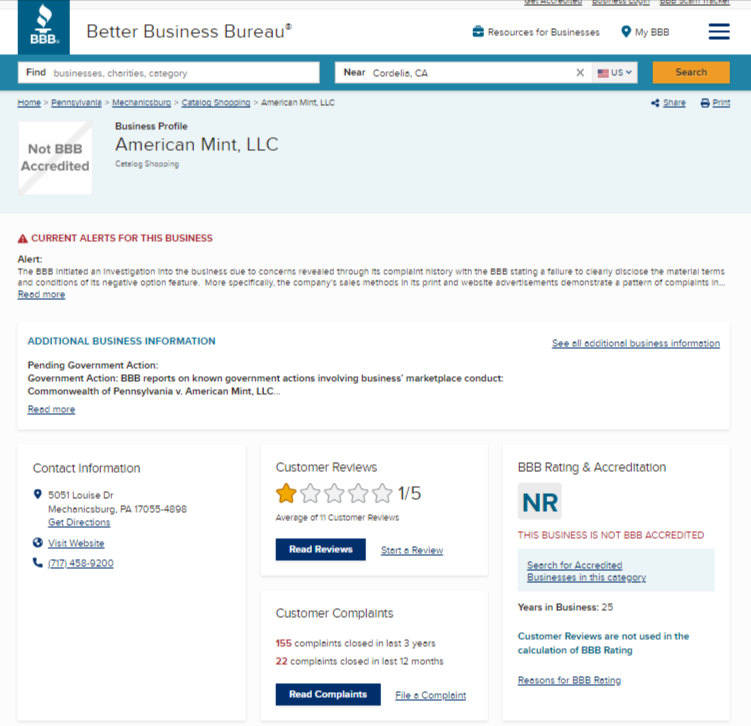 American Mint reviews and complaints on BBB