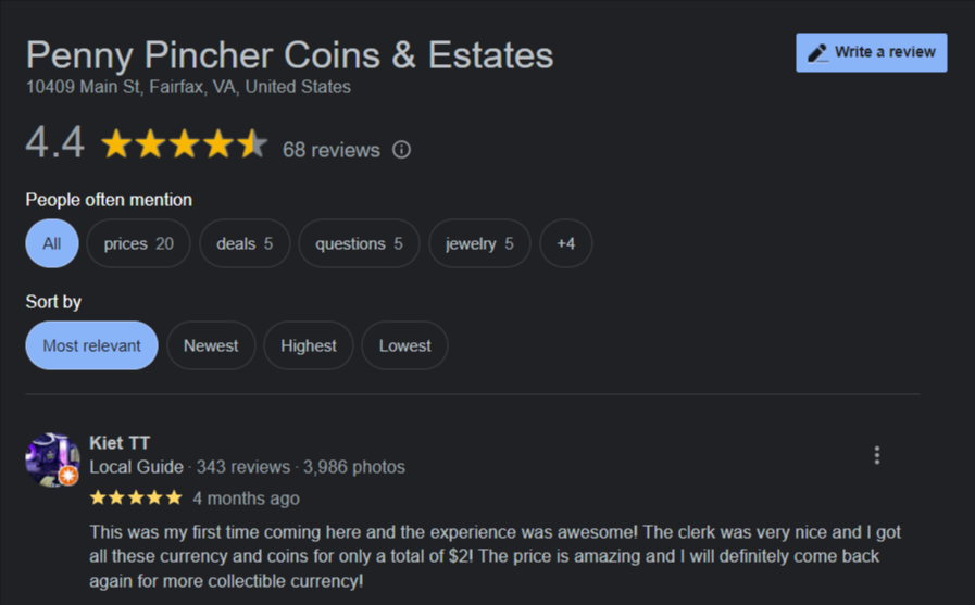 Penny Pincher Coins Google reviews 