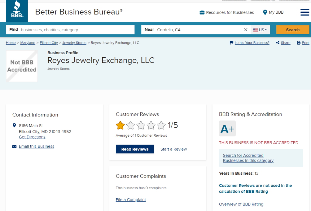 Reyes Jewelry Exchange Ratings and Reviews on BBB