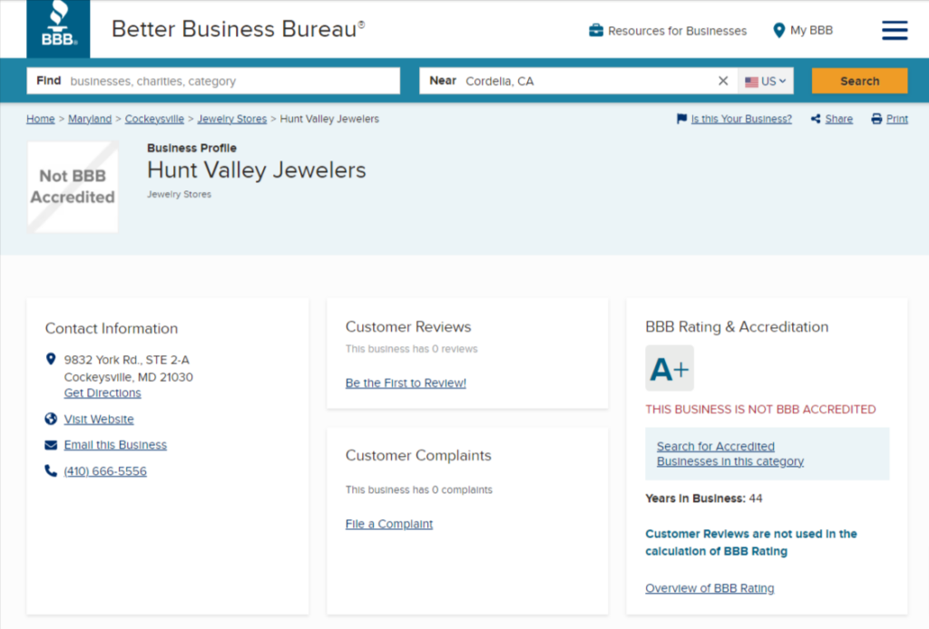 Hunt Valley Jewelers BBB reviews and ratings 