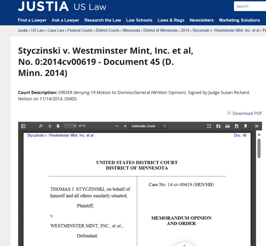 Lawsuit against Westminster Mint 