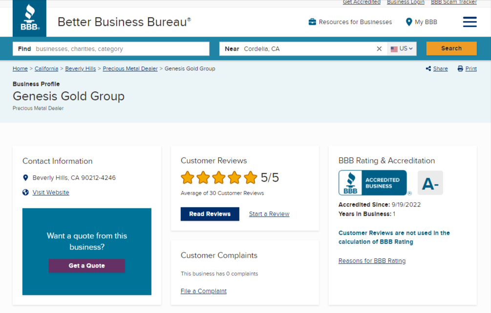 Genesis Gold Group ratings on BBB