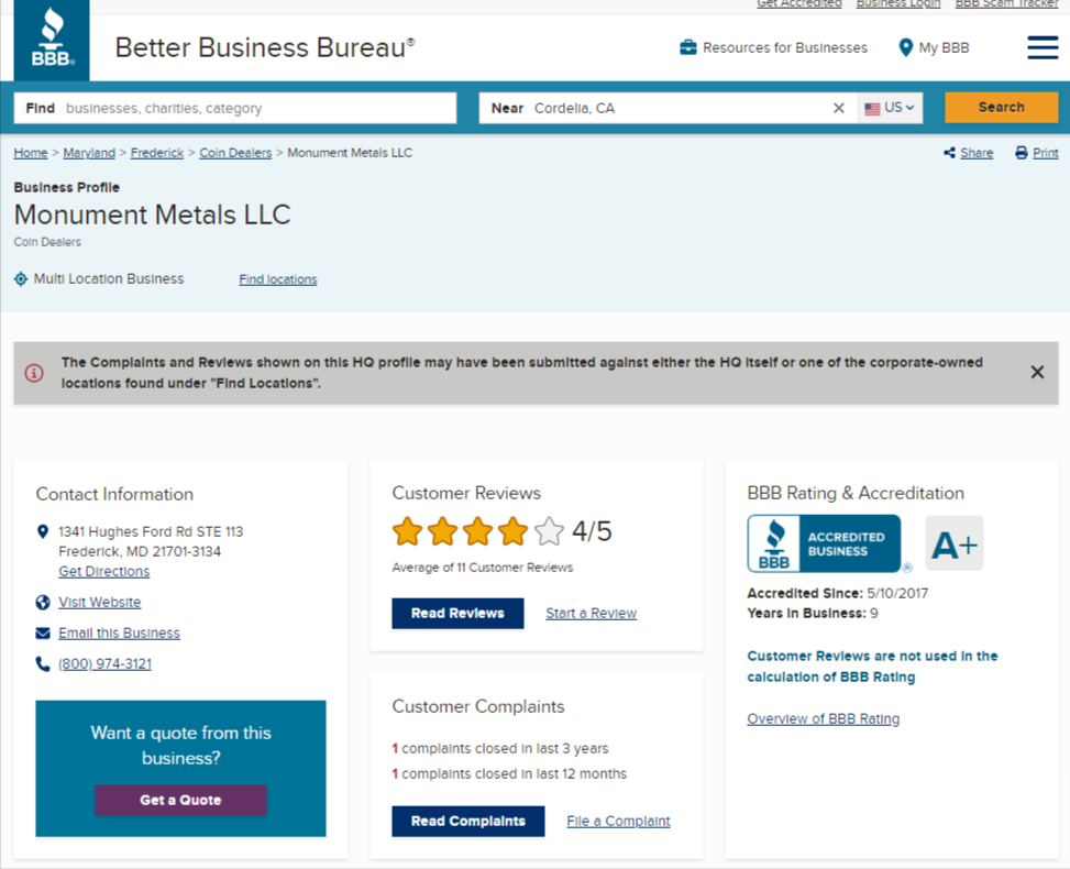 Monument Metals reviews and ratings on BBB 