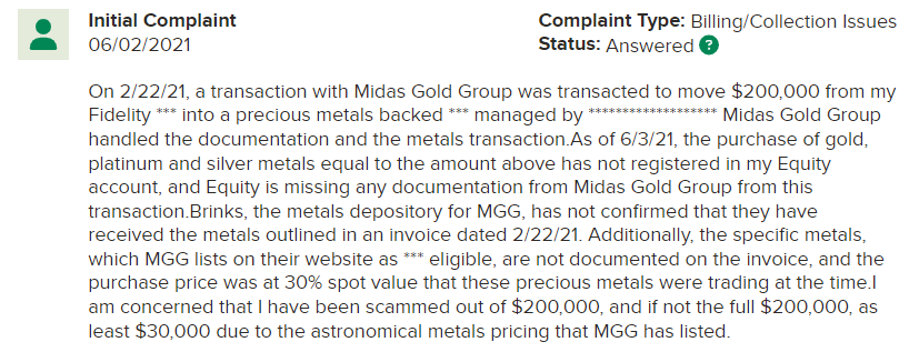 Midas Gold Group BBB Complaint 